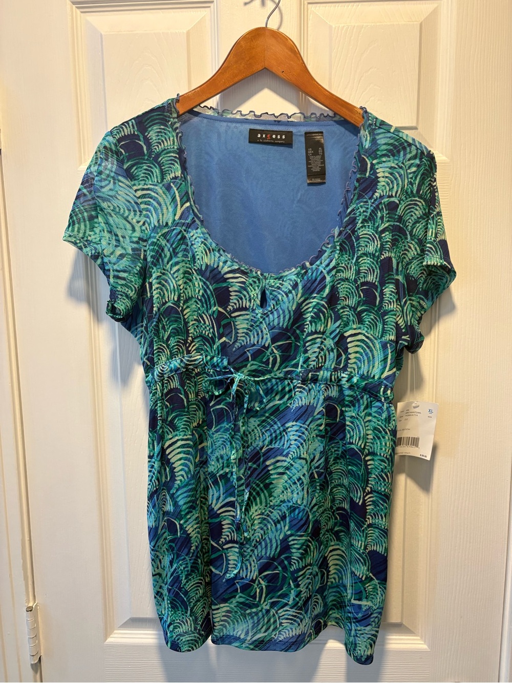Axcess Blue & Teal Wave-Print Short-Sleeve Swim Coverup